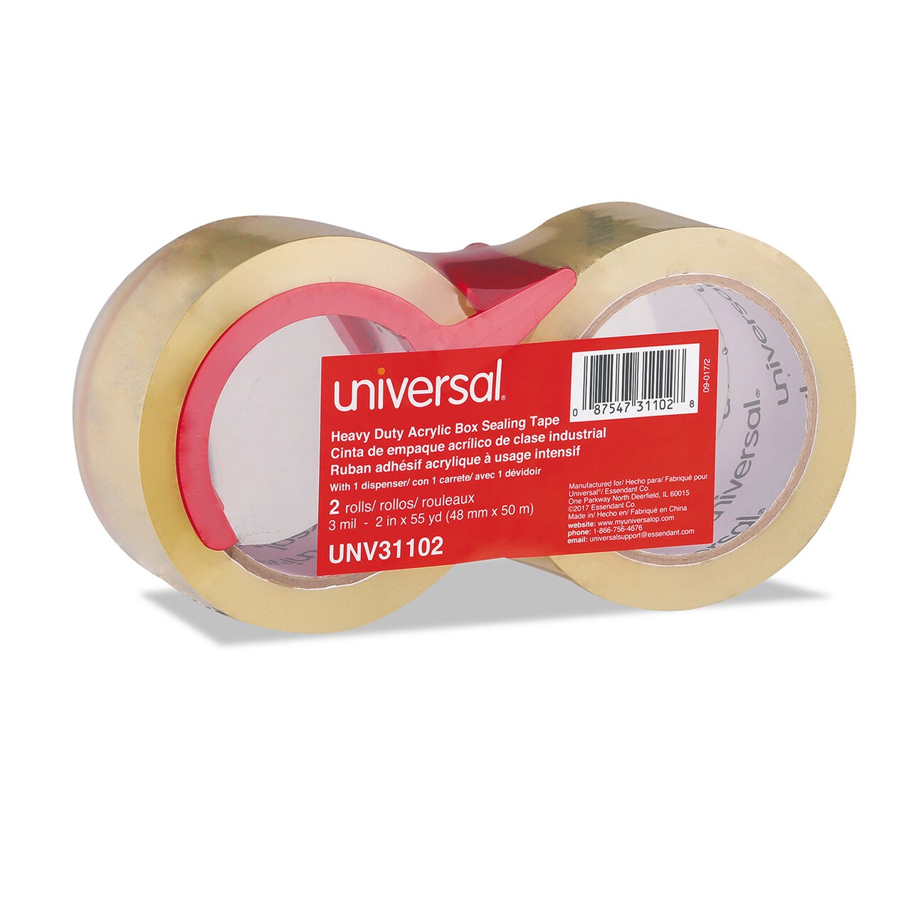 Universal Heavy-Duty Acrylic Box Sealing Tape with Dispenser 3 Core 1.88 x 54.6 yds Clear 2/Pack